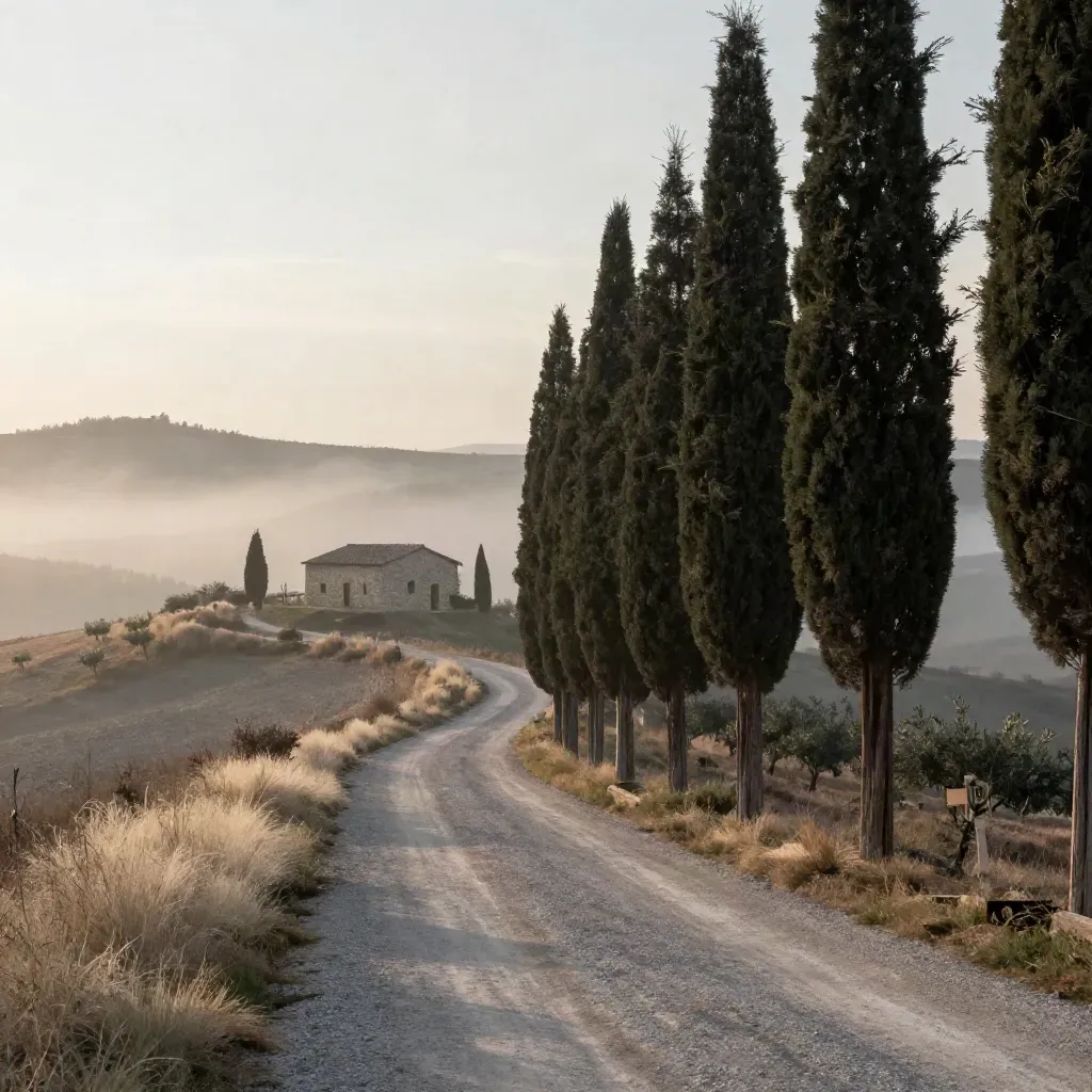 Filare di cipressi nella Val d’Orcia con casolare e foschia mattutina