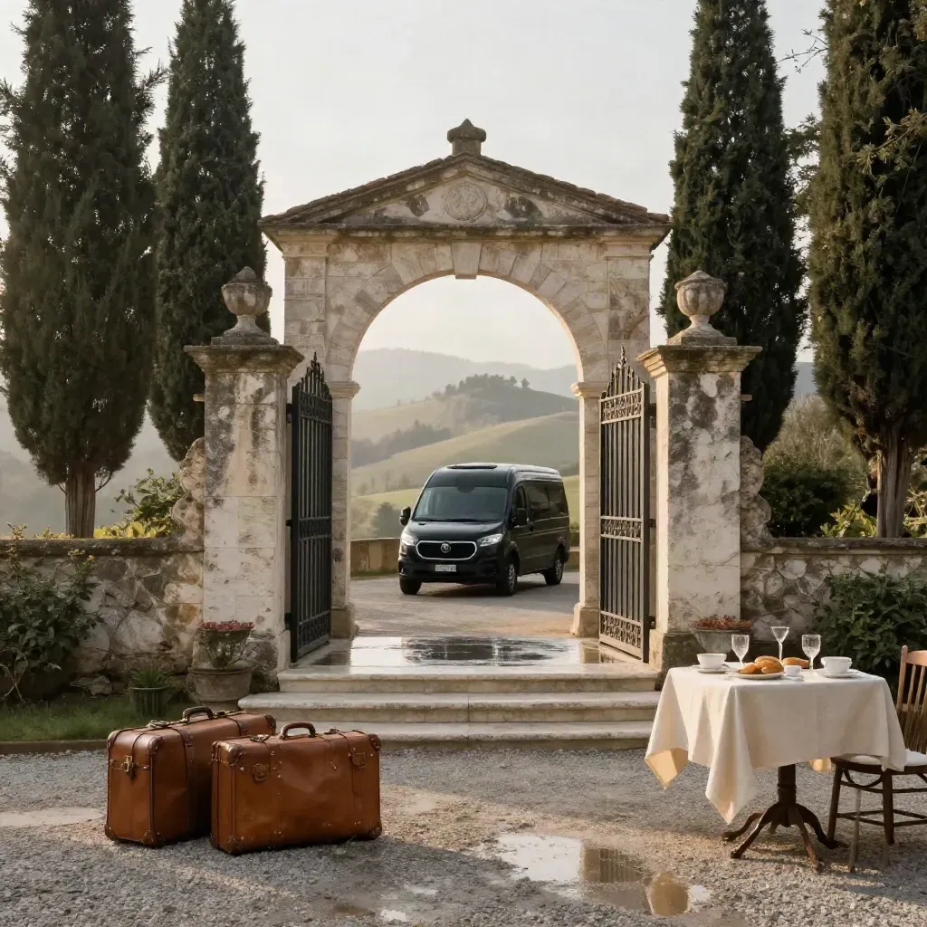 Ingresso di villa toscana con van nero, valigie in pelle e colline dopo la pioggia