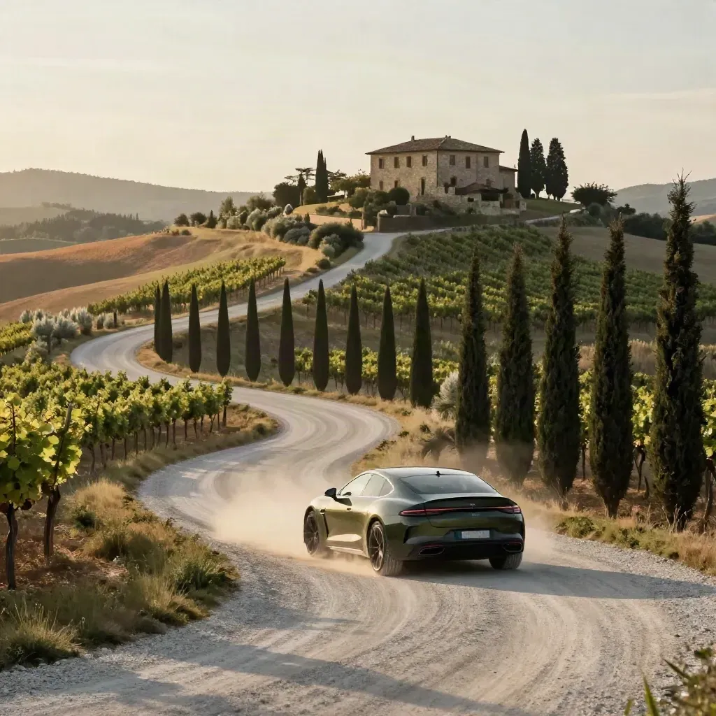 Auto privata in curva su strada bianca toscana, vigneti, cipressi e villa al tramonto.