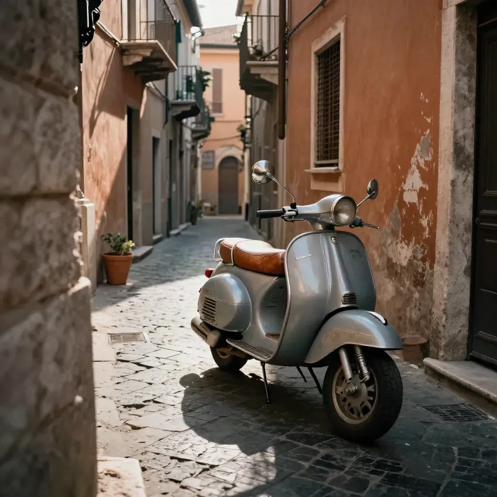 Vicolo romano in travertino con Lambretta, facciate ocra e ombre lunghe al tramonto.