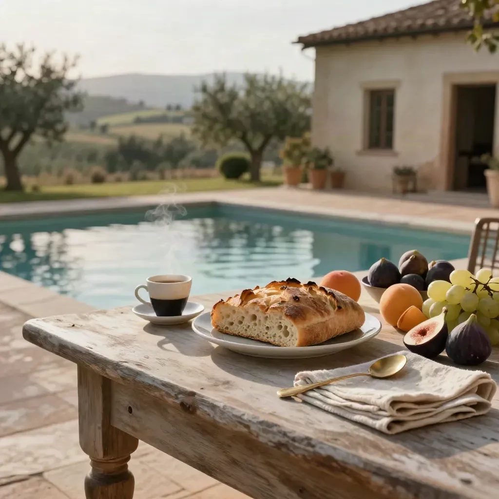 Colazione su terrazza di agriturismo con frutta, caffè, pane, lino e piscina sullo sfondo.