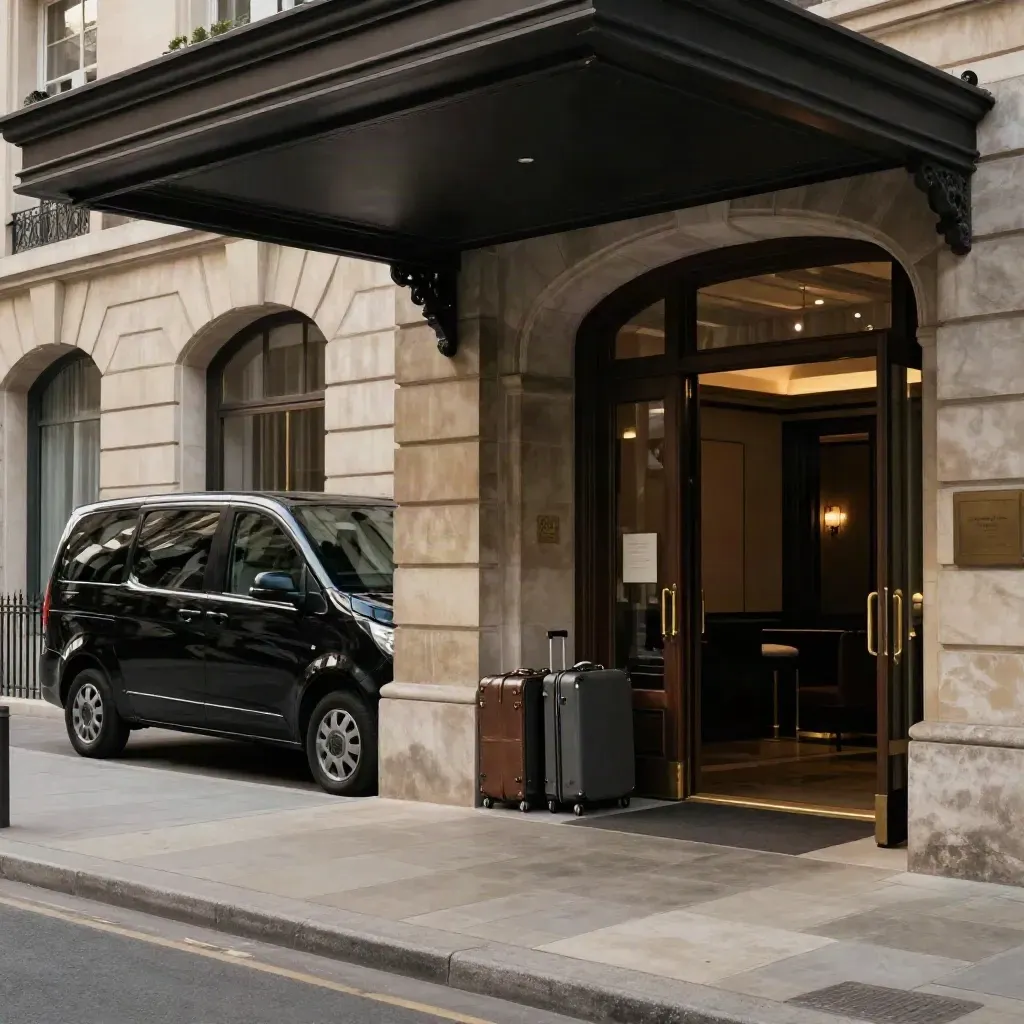 Minivan nero davanti a hotel in pietra con valigie rigide e portico profondo.