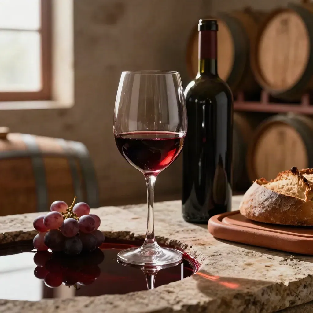Calici di vino in cantina con bottiglia scura, uva e pane su pietra
