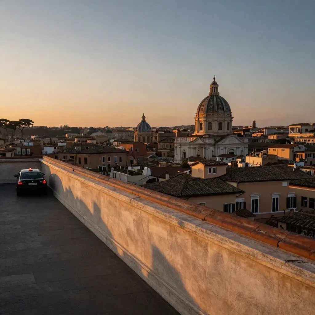 Terrazza romana al tramonto con cupole, taxi in controluce e tetti bassi sullo sfondo.