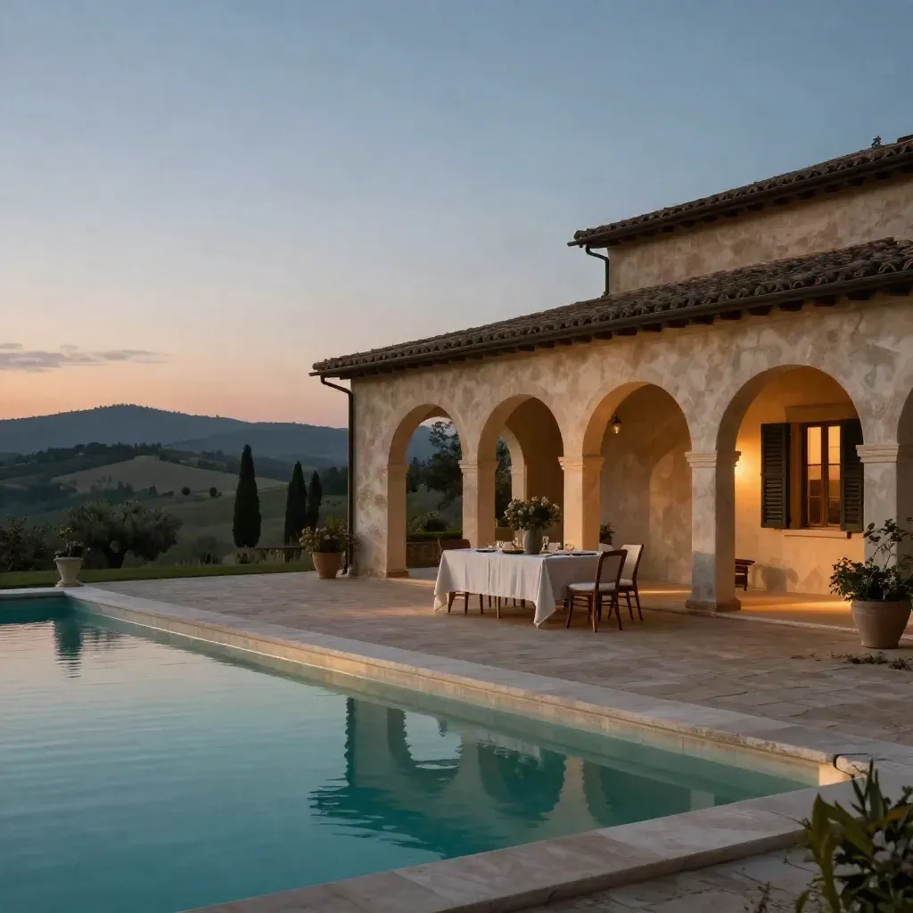 Villa toscana al crepuscolo con piscina illuminata e tavolo apparecchiato tra colline.