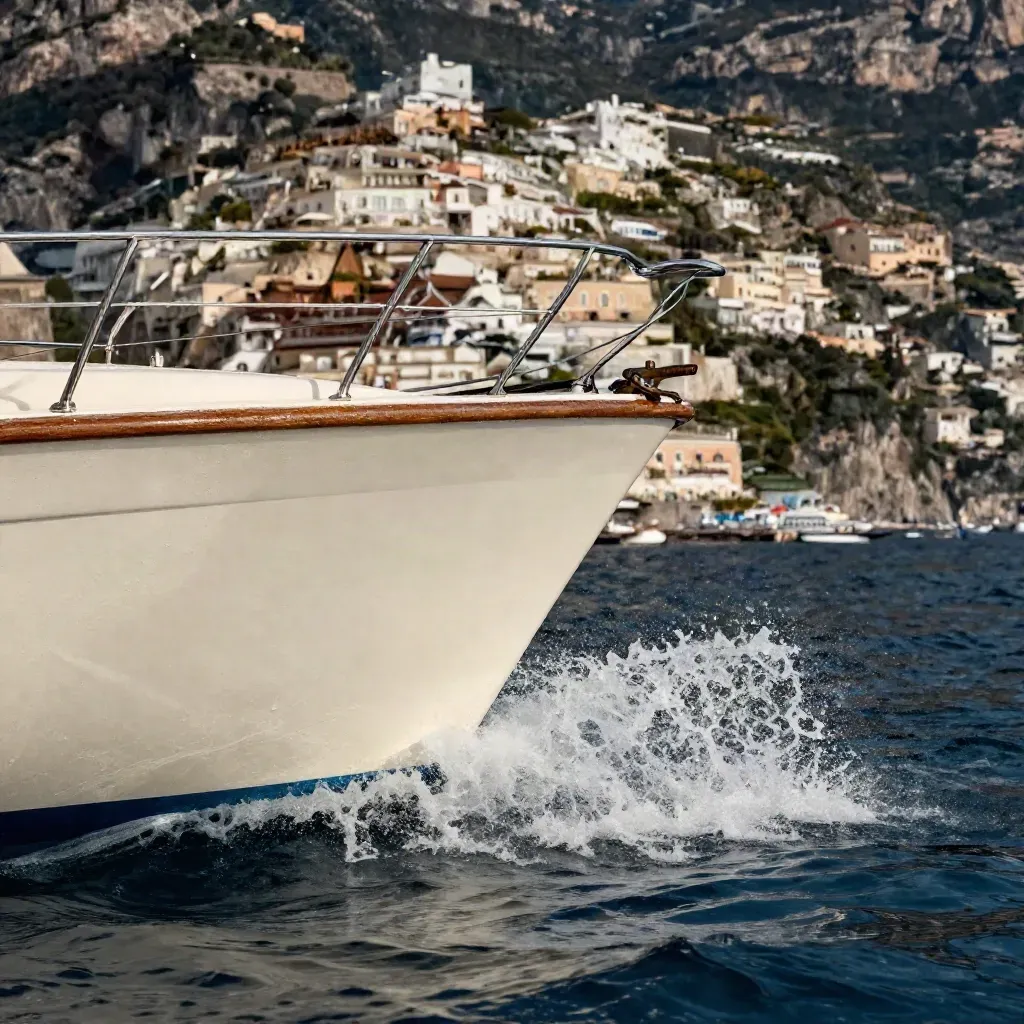 Prua bianca di barca privata che taglia la Costiera, spruzzi contro la scogliera e case di Positano.