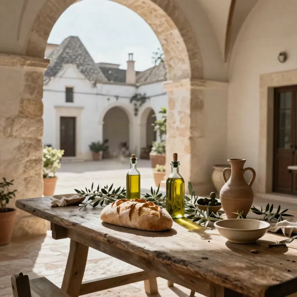 Masseria in pietra con tavolo, pane, olio e ceramiche nel cortile assolato.