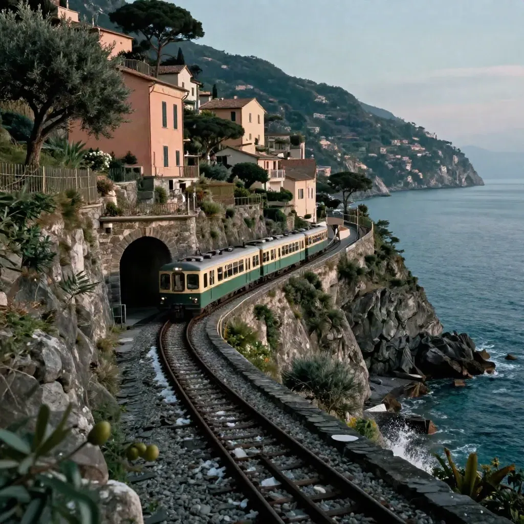 Treno regionale esce dal tunnel sulla costa delle Cinque Terre con case colorate e mare