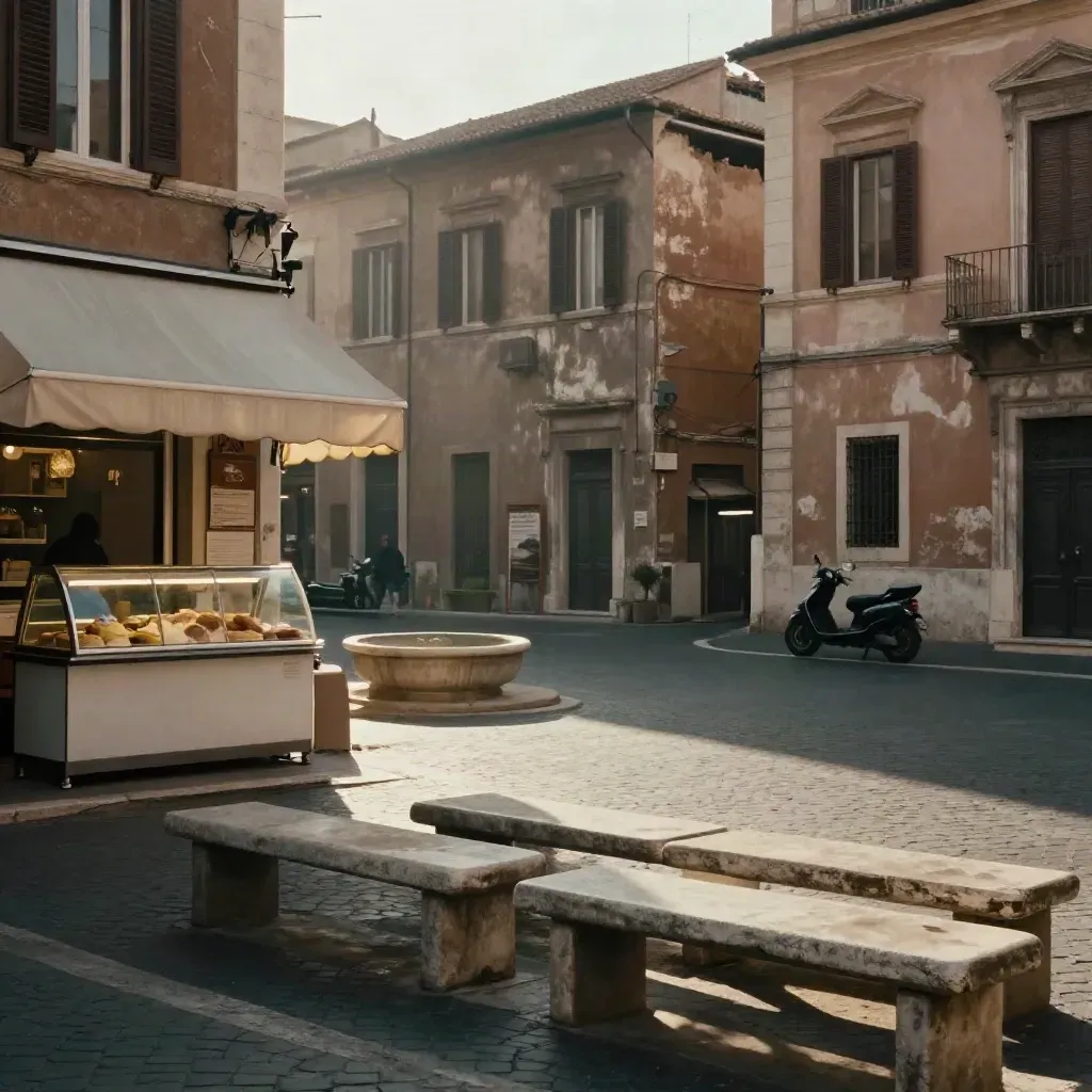 Piazza romana con gelateria, fontana in pietra e panchine all’ombra nel tardo pomeriggio