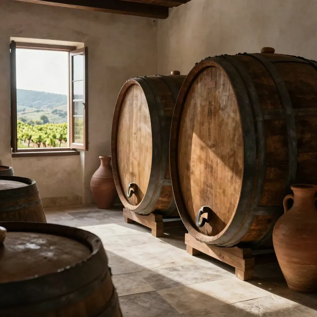 Cantina in collina con botti di legno e vigneti illuminati dal tramonto.