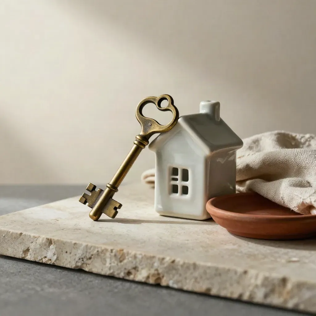 Chiave antica in ottone accanto a mini casa in ceramica, lino piegato e piattino terracotta.